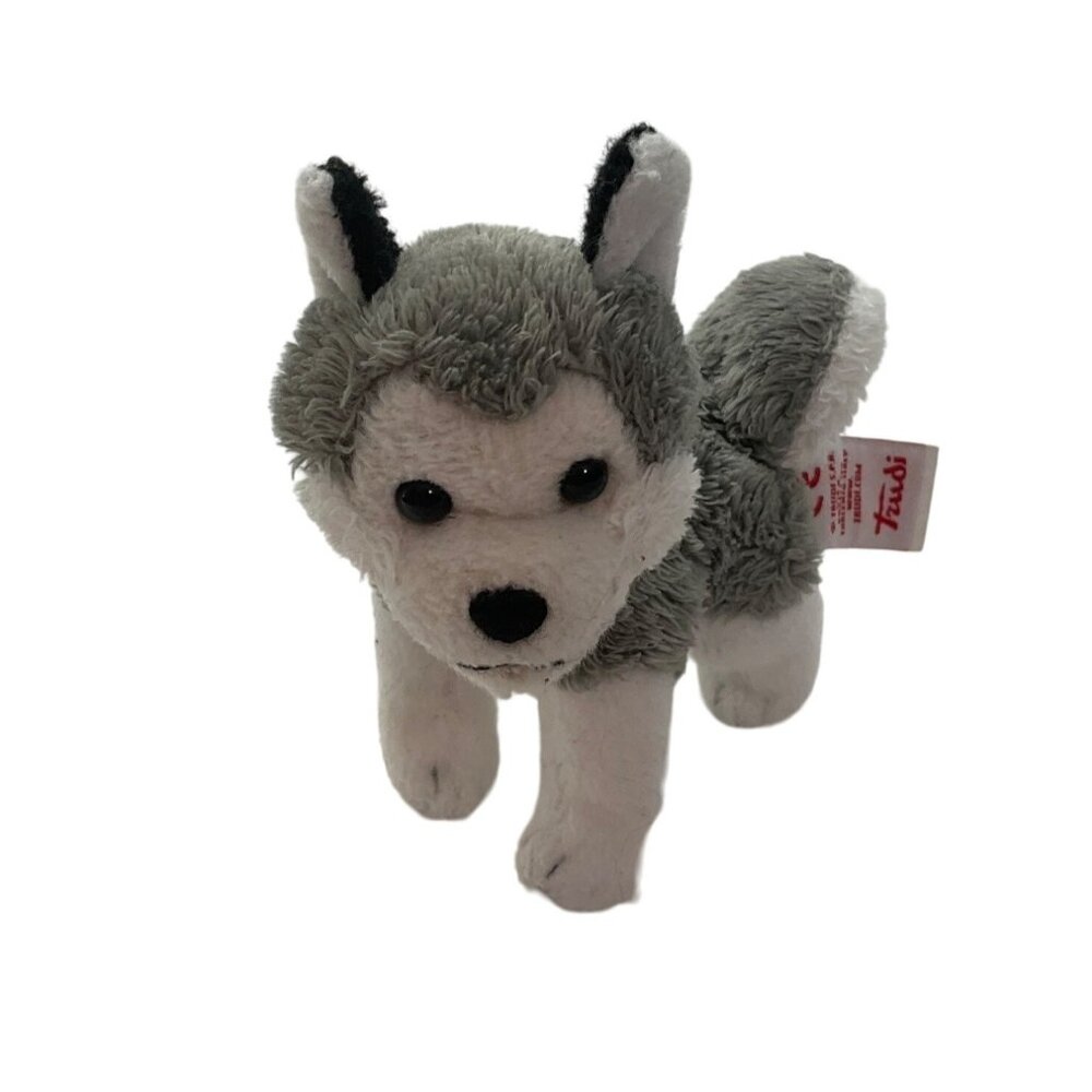 Trudi Wolf Husky Mini Stuffed animal Plush Toy Gray and white Black Eye Realisti